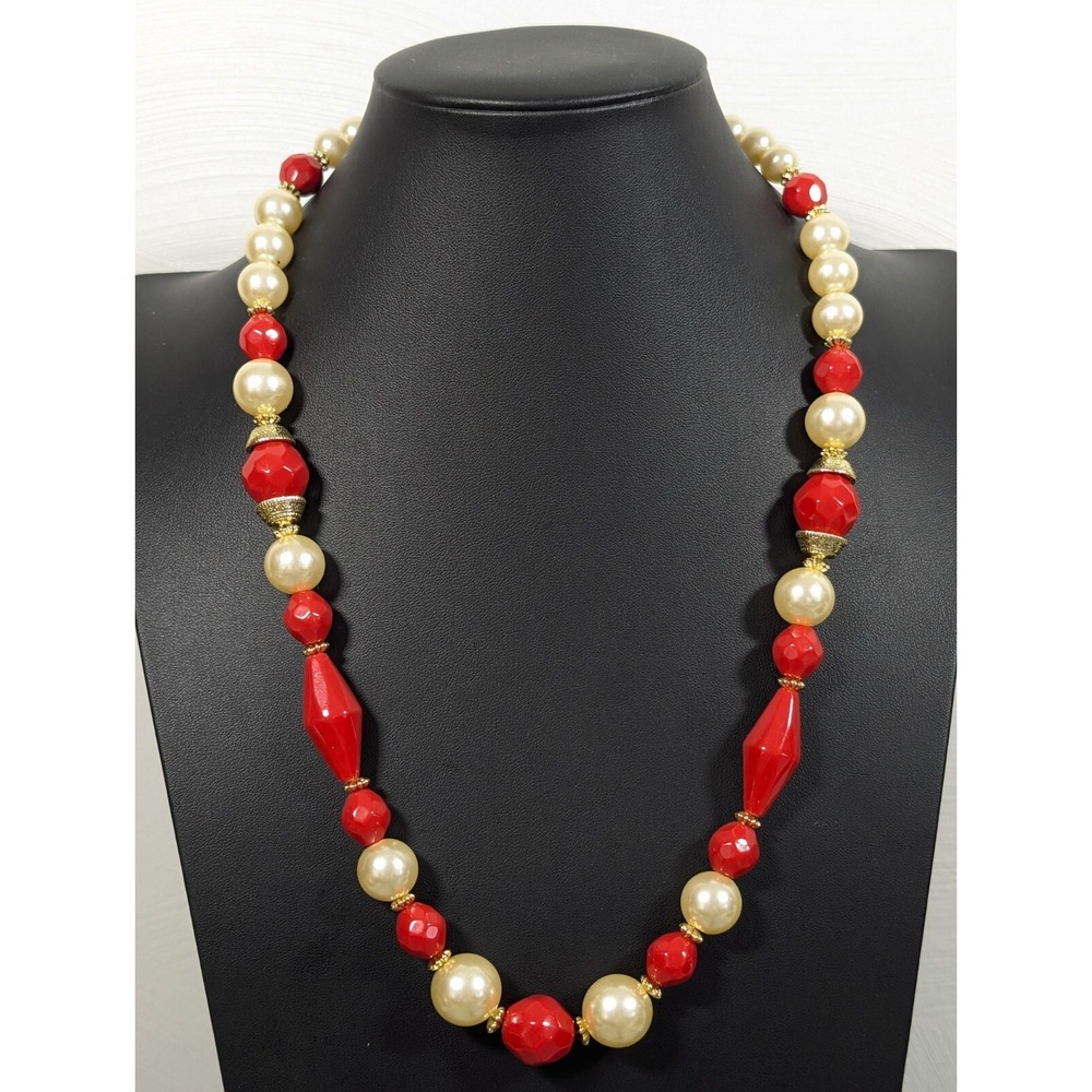 Vintage Retro Red Cream Faux Pearl Gold Tone Chunky Statement Necklace 24 in